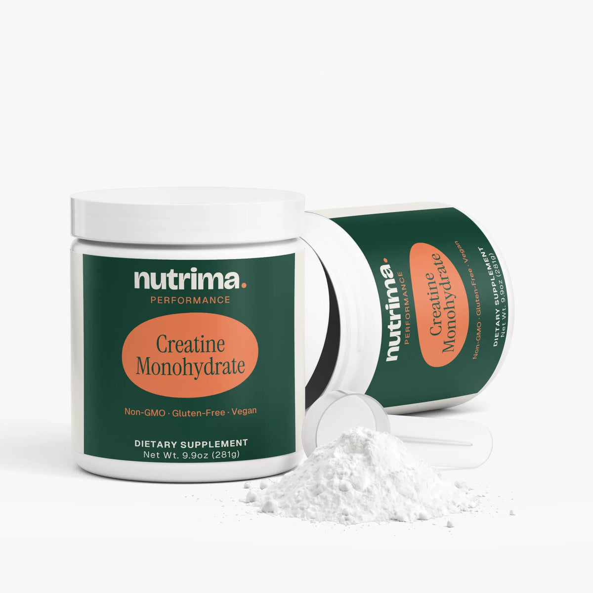 Creatine Monohydrate powder in a stylish green container with a scoop, by nutrima.