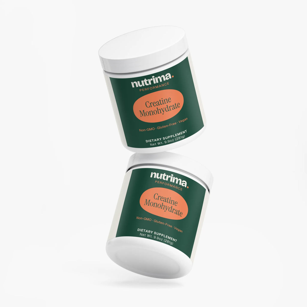 Two jars of Creatine Monohydrate with green labels and white lids, showcasing the product by nutrima.