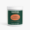 White container of Creatine Monohydrate with a dark green label, featuring orange text, by nutrima.