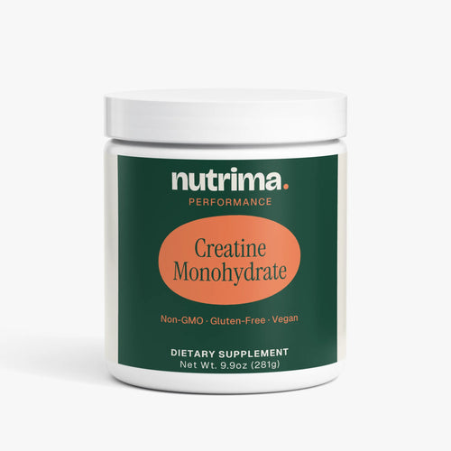White container of Creatine Monohydrate with a dark green label, featuring orange text, by nutrima.