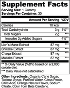 Supplement facts label for Lion's Mane, Shiitake & Chaga Mushroom Gummies, detailing nutritional info and ingredients by nutrima.