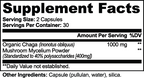 Supplement facts label showing ingredients for Chaga Mushroom by nutrima, including dosage and other components.