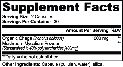 Supplement facts label showing ingredients for Chaga Mushroom by nutrima, including dosage and other components.