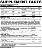 Supplement facts label detailing ingredients and nutrients for Organic Grasses, Spirulina & Chlorella Smoothie Greens (Greens & Superfoods) by nutrima