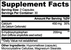 Supplement facts label for 5-HTP (Specialty Supplements) showing calcium and 5-Hydroxytryptophan amounts by nutrima.