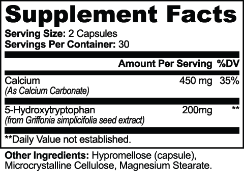 Supplement facts label for 5-HTP (Specialty Supplements) showing calcium and 5-Hydroxytryptophan amounts by nutrima.