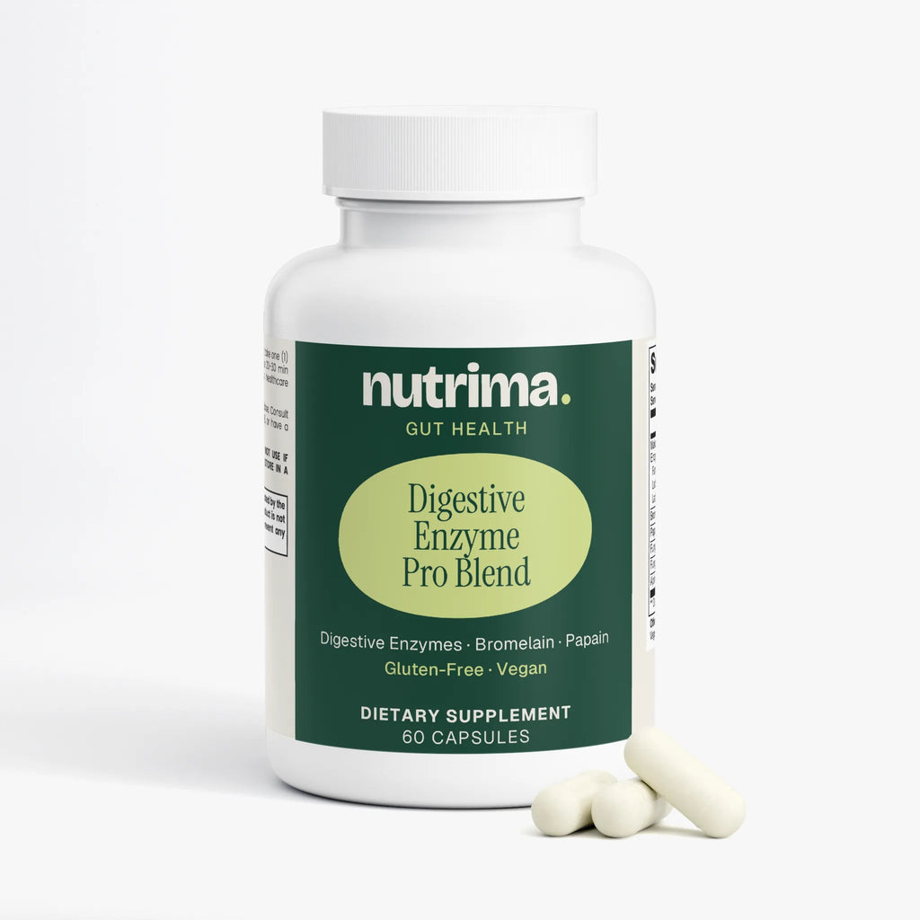 White bottle with green label showcasing Digestive Enzyme Pro Blend dietary supplement by nutrima with three capsules.