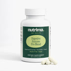 White bottle with green label showcasing Digestive Enzyme Pro Blend dietary supplement by nutrima with three capsules.