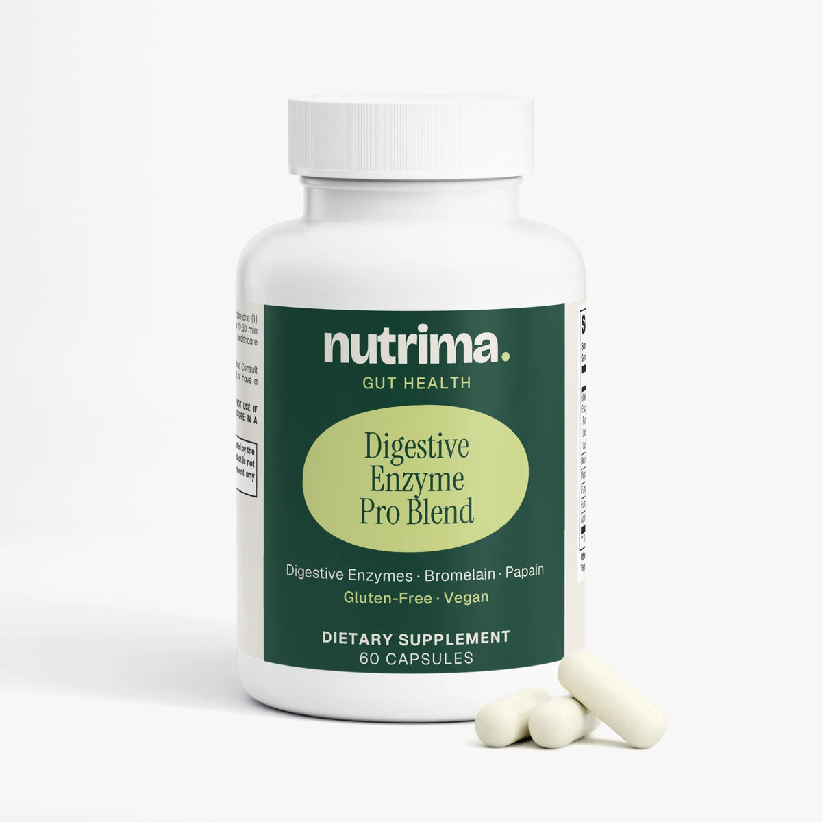 White bottle with green label showcasing Digestive Enzyme Pro Blend dietary supplement by nutrima with three capsules.