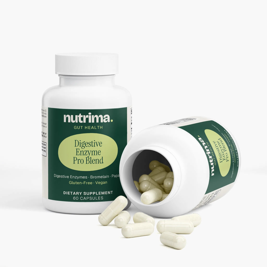The open bottle of Digestive Enzyme Pro Blend shows capsules spilling out, showcasing its clean, white design by nutrima.