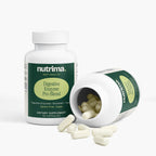 The open bottle of Digestive Enzyme Pro Blend shows capsules spilling out, showcasing its clean, white design by nutrima.