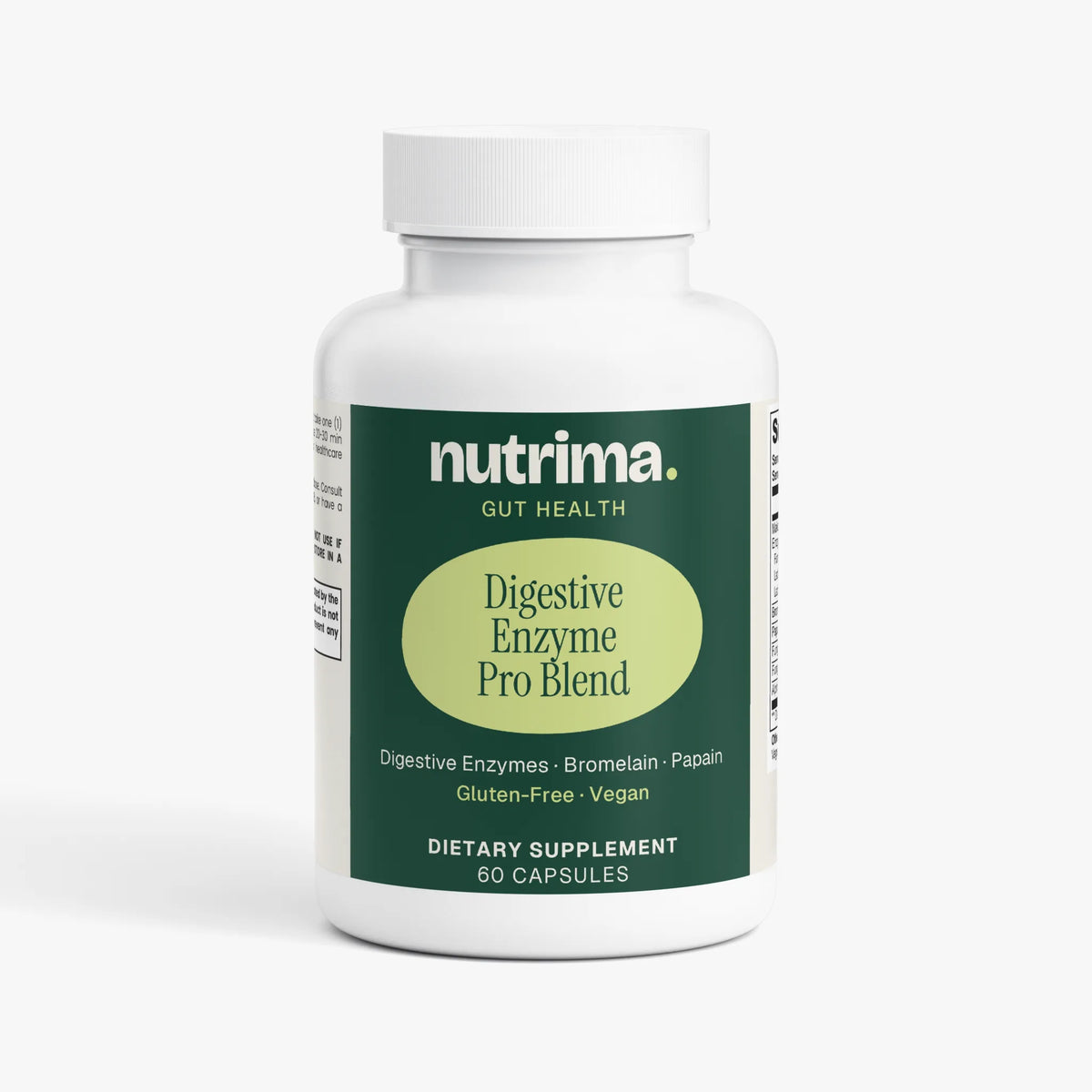A white bottle with a green label displaying Digestive Enzyme Pro Blend, a dietary supplement by nutrima.