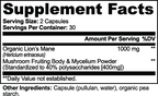 Supplement facts label for Lion's Mane Mushroom capsules detailing ingredients and serving size, by nutrima.