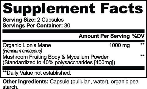Supplement facts label for Lion's Mane Mushroom capsules detailing ingredients and serving size, by nutrima.