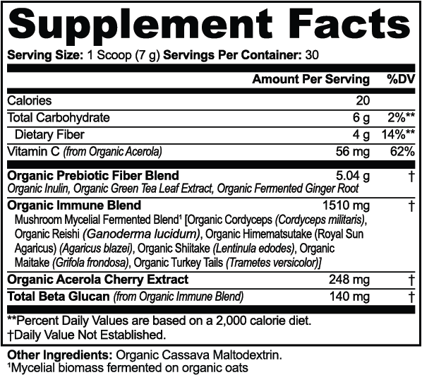 Supplement facts for Fermented Mushroom Blend, detailing nutrients and ingredients, by nutrima.