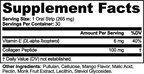 Supplement facts for Beauty + Collagen Strips detailing Vitamin E and collagen peptide content, by nutrima.