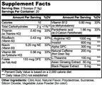 Supplement facts for Alpha-GPC & L-Theanine Drink Mix in Sour Grape flavor, detailing nutrients and ingredients by nutrima.