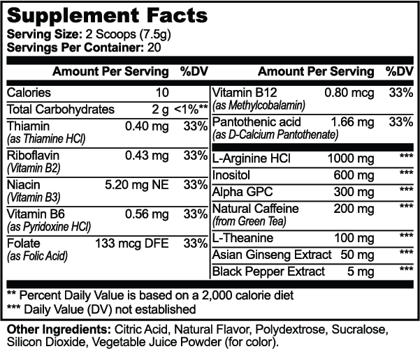 Supplement facts for Alpha-GPC & L-Theanine Drink Mix in Sour Grape flavor, detailing nutrients and ingredients by nutrima.