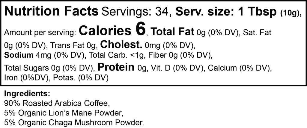 Nutrition facts for Lion's Mane & Chaga Mushroom Coffee (Medium Roast), highlighting ingredients and serving size by nutrima.