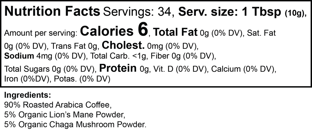 Nutrition facts for Lion's Mane & Chaga Mushroom Coffee (Medium Roast), highlighting ingredients and serving size by nutrima.