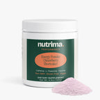 Pink Energy Powder (Strawberry Shortcake) in a white container next to a mound of powder, by nutrima.
