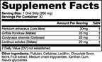 Supplement facts for Lion's Mane, Maitake & Cordyceps Oral Strips, detailing ingredients and servings, featuring a chocolate flavor by nutrima.