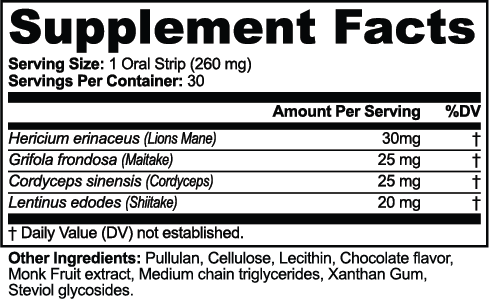 Supplement facts for Lion's Mane, Maitake & Cordyceps Oral Strips, detailing ingredients and servings, featuring a chocolate flavor by nutrima.