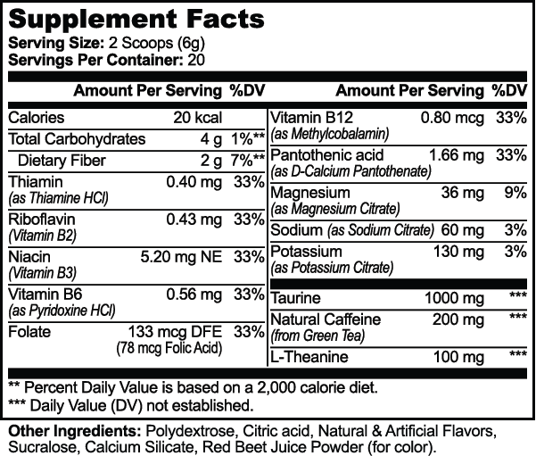 Supplement facts for Energy Powder (Guava Berry) showing calories, vitamins, and minerals content by nutrima.
