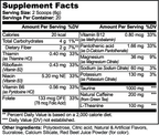 Supplement facts for Energy Powder (Guava Berry) showing calories, vitamins, and minerals content by nutrima.