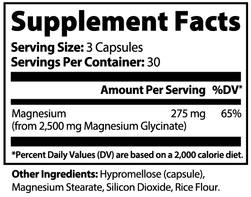 Supplement facts label detailing the magnesium content and ingredients for Magnesium Glycinate by nutrima.
