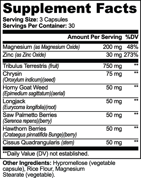 Supplement facts for Alpha Energy, detailing ingredients like Magnesium and Tribulus Terrestris by nutrima.