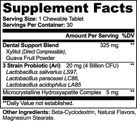 Supplement facts label for Xylitol, Guava & Probiotic Chewables by nutrima, detailing ingredients and serving information.