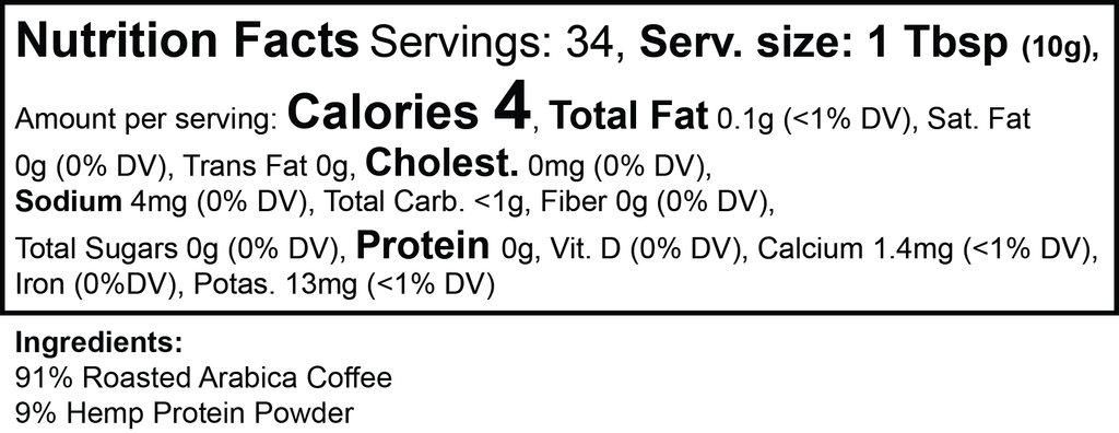 Nutritional facts card featuring details for Hemp Harvest Coffee (Medium Roast) by nutrima, highlighting serving size and ing