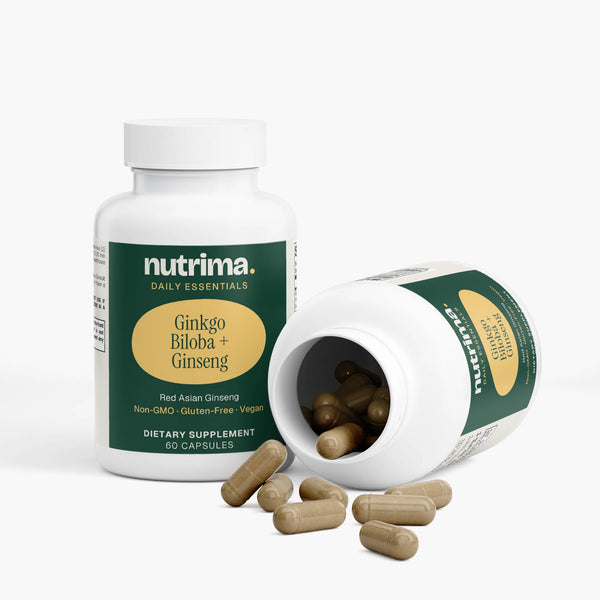 Ginkgo Biloba + Ginseng capsules spilled out from a bottle, showcasing the dietary supplement by nutrima.