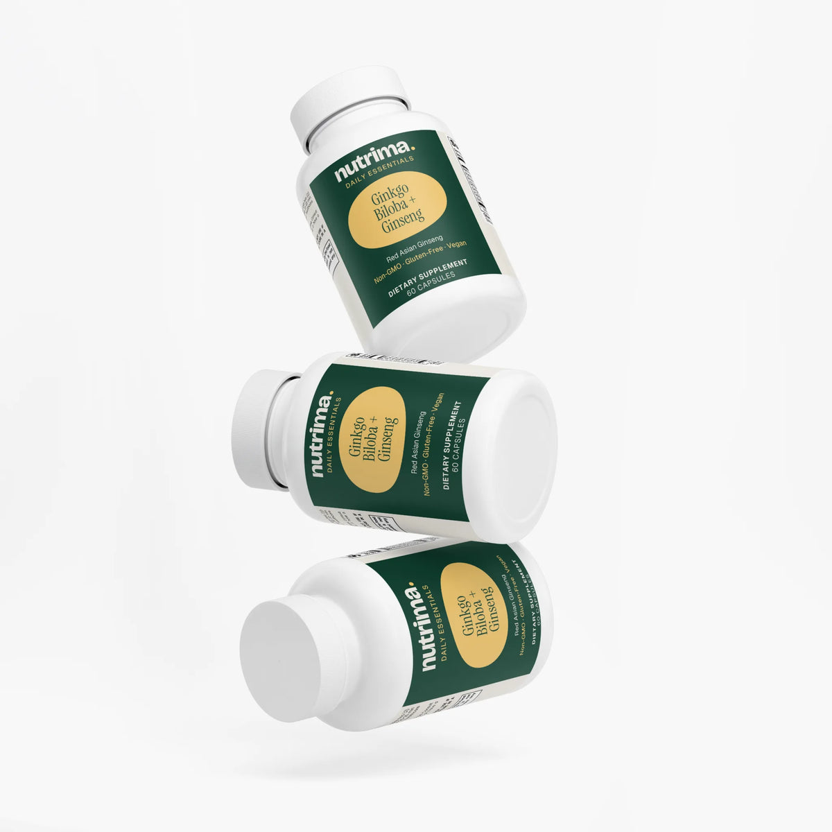 Three white bottles of Ginkgo Biloba + Ginseng arranged in a floating style, highlighting the label design by nutrima.