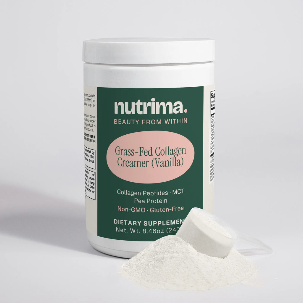 Grass-Fed Collagen Creamer (Vanilla) in a white container with a scoop and powder on the surface by nutrima.