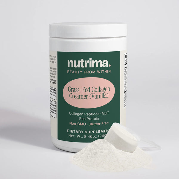Grass-Fed Collagen Creamer (Vanilla) in a white container with a scoop and powder on the surface by nutrima.