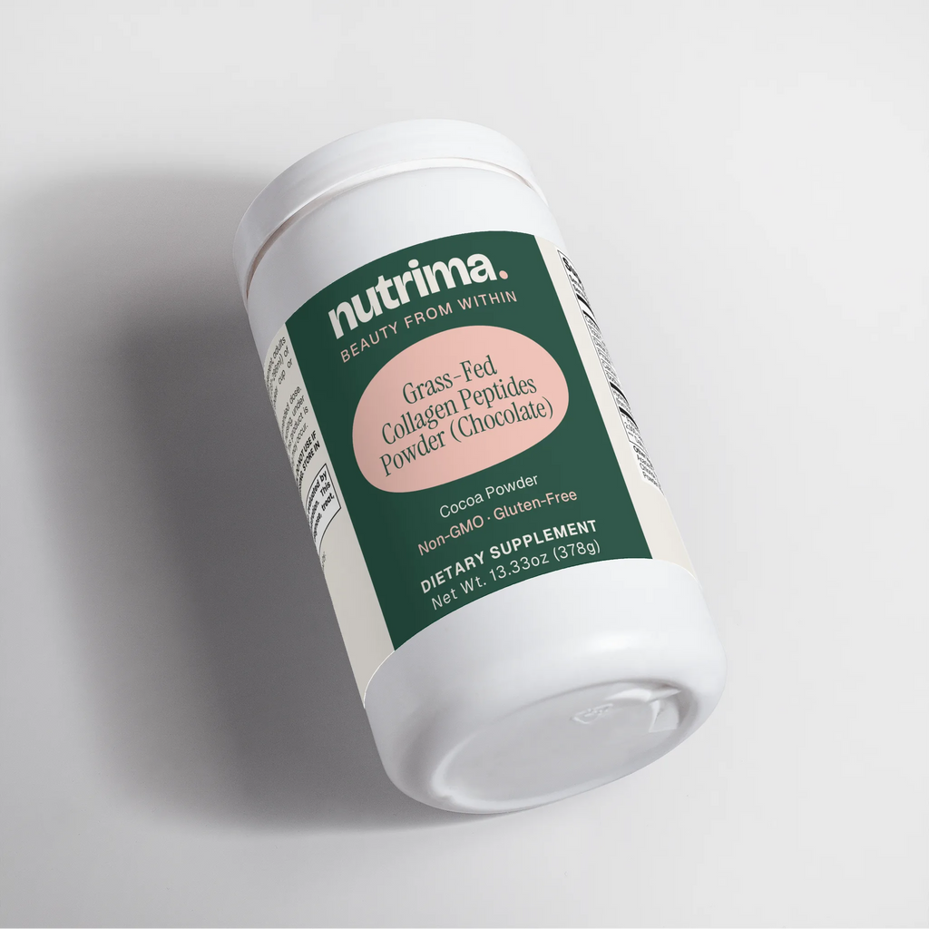 Close-up of a white container of Grass-Fed Collagen Peptides Powder (Chocolate) by nutrima, showcasing its label design.