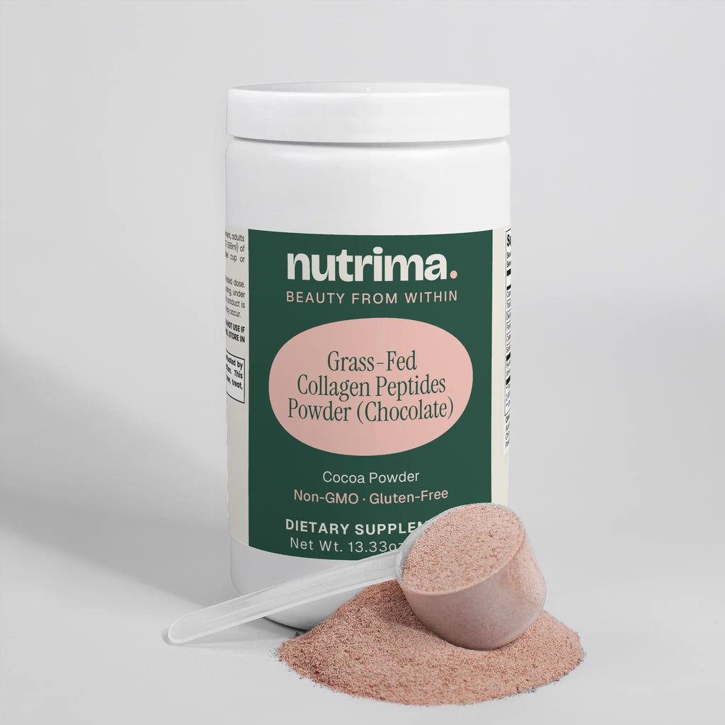 Chocolate Grass-Fed Collagen Peptides Powder in a white container with a scoop and powder spill by nutrima.