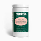 Chocolate-flavored Grass-Fed Collagen Peptides Powder in a white container, featuring branding by nutrima.