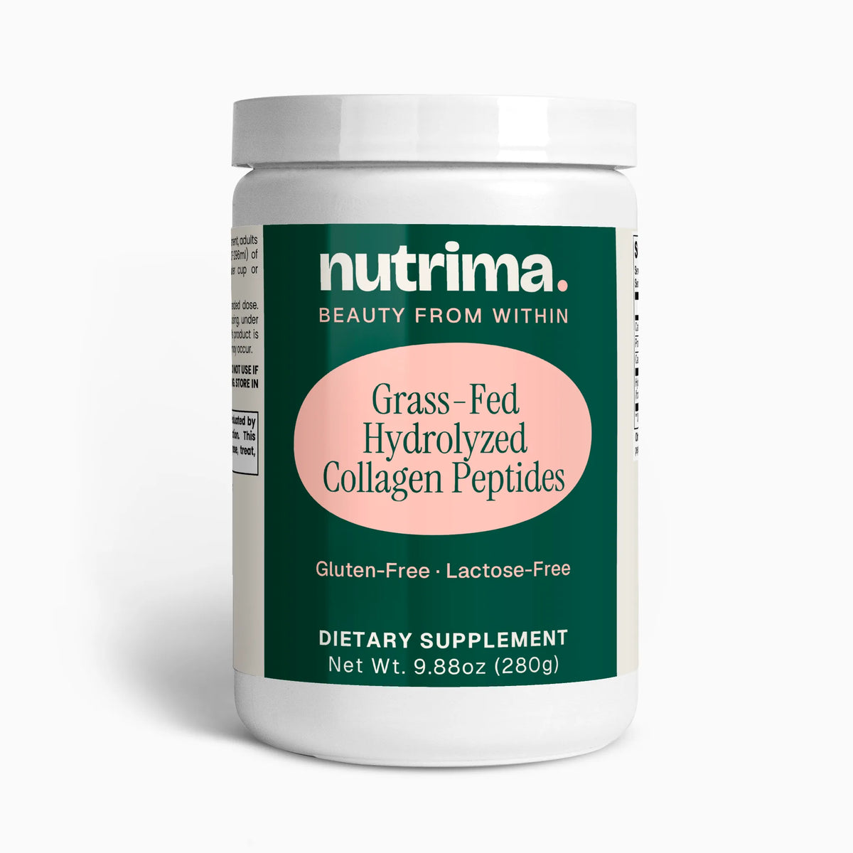 Container of Grass-Fed Hydrolyzed Collagen Peptides with green and pink design, by nutrima.