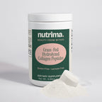 Container of Grass-Fed Hydrolyzed Collagen Peptides with a scoop and powder on white background by nutrima.