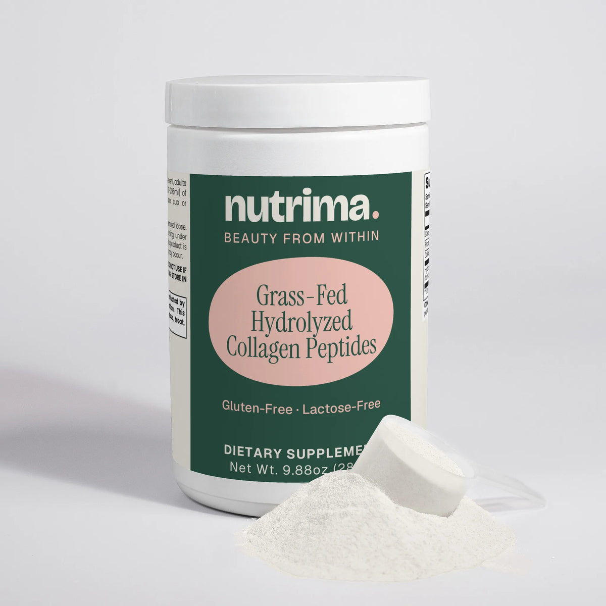 Container of Grass-Fed Hydrolyzed Collagen Peptides with a scoop and powder on white background by nutrima.