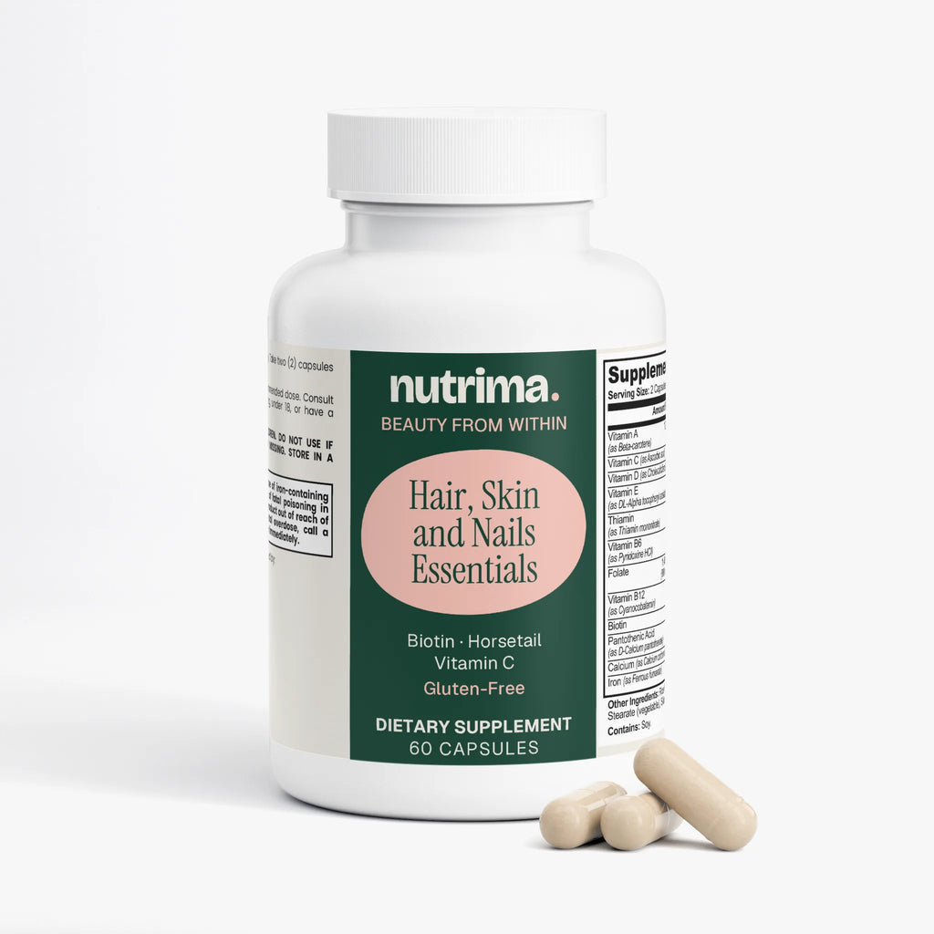 White bottle of Hair, Skin and Nails Essentials with label details, alongside three capsules, by nutrima.