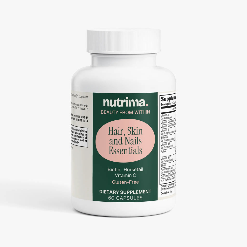 White bottle of Hair, Skin and Nails Essentials with a pink logo, featuring 60 capsules by nutrima.