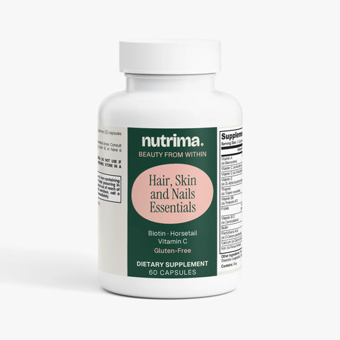 White bottle of Hair, Skin and Nails Essentials with a pink logo, featuring 60 capsules by nutrima.