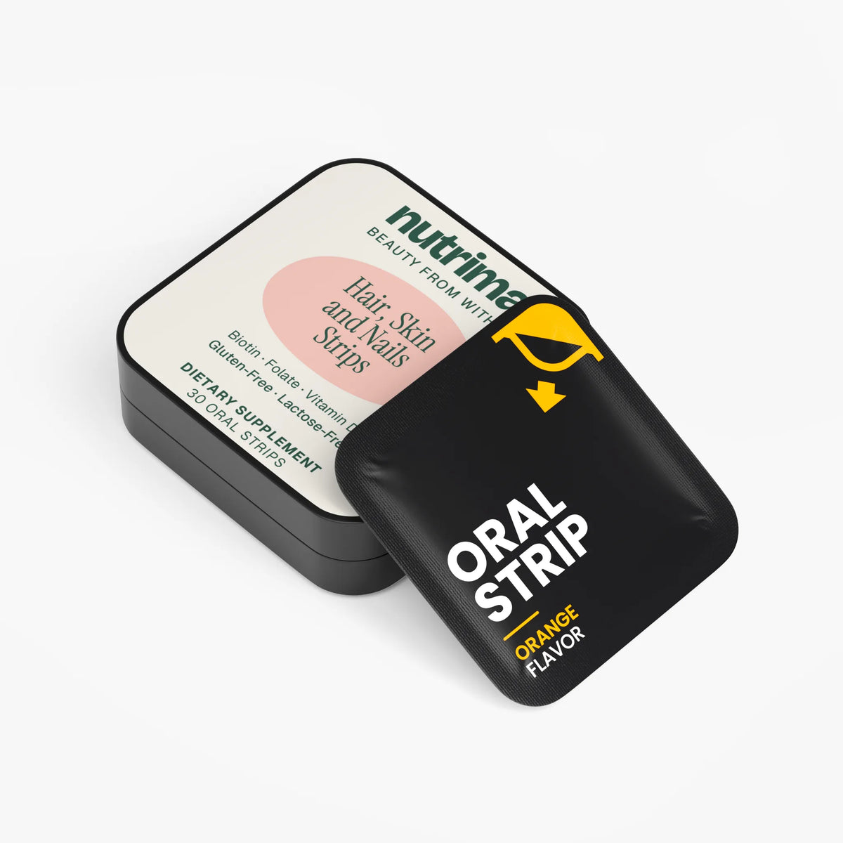 Open packaging of Hair Skin and Nails Strips in orange flavor with vibrant branding by nutrima.