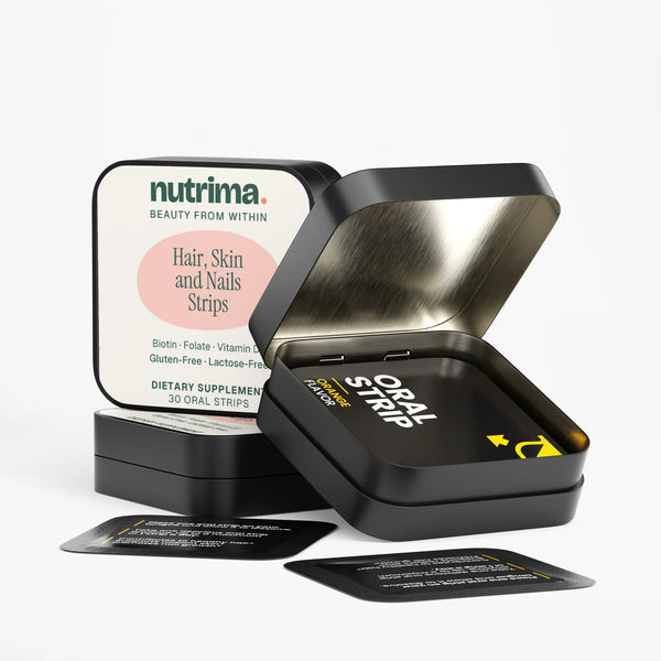 Open tin of Hair, Skin and Nails Strips showing orange-flavored oral strips and supplement details by nutrima.