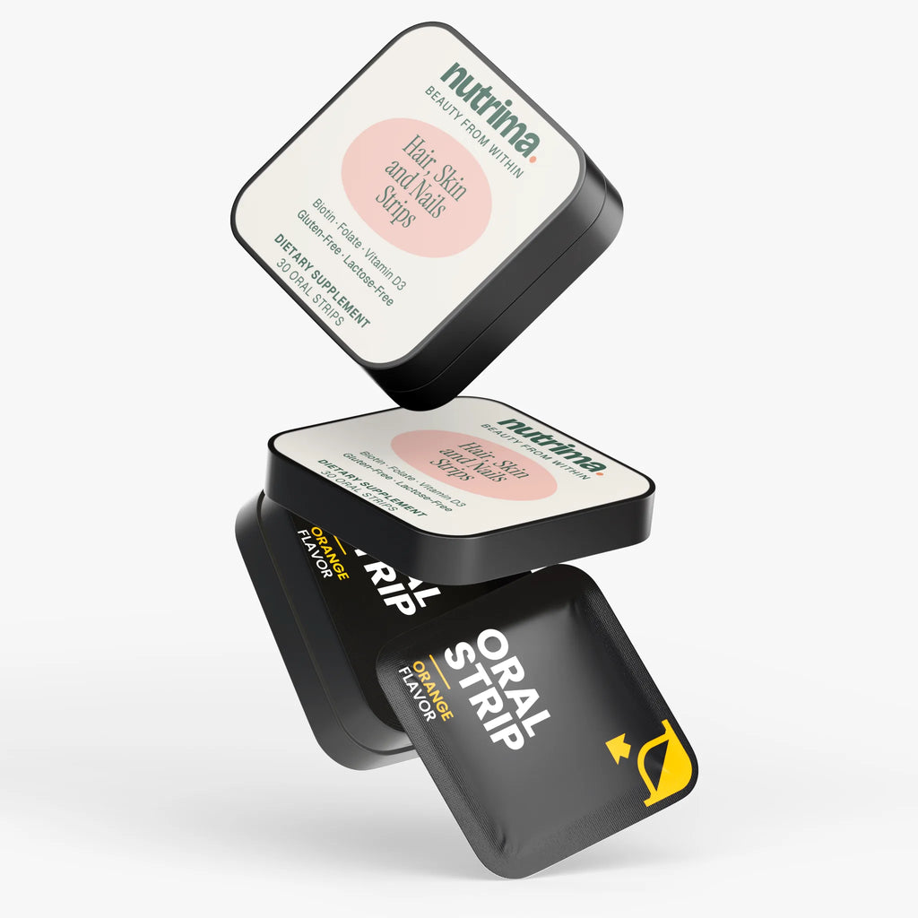 Floating packaging of Hair, Skin and Nails Strips featuring a vibrant design, by nutrima.