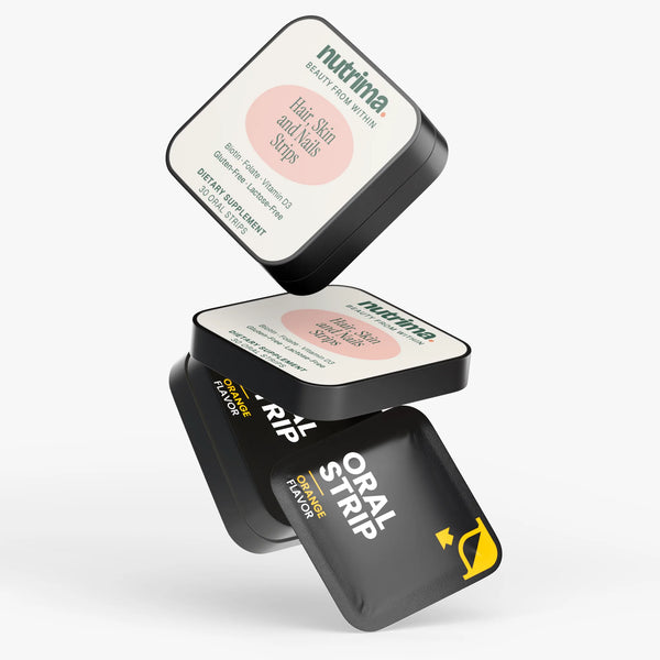 Floating packaging of Hair, Skin and Nails Strips featuring a vibrant design, by nutrima.